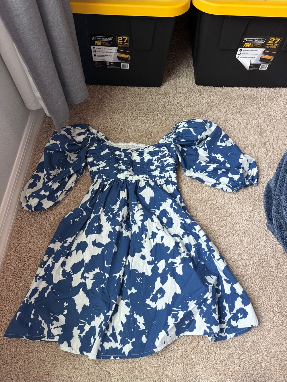 Blue and White Floral Puff-Sleeve Dress